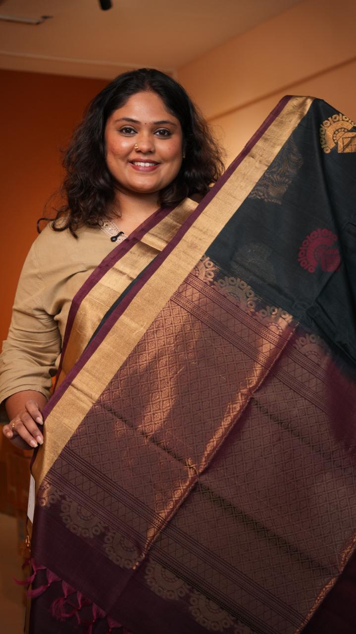 Kora Silk Cotton Saree -04-08-07-02 (MIDNIGHT MERLOT)
