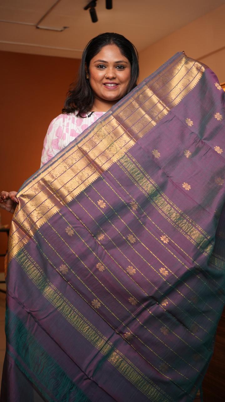 Mangalagiri Silk Cotton Kanchi Border Saree -15-09D-06-09 (ACAI BERRY)