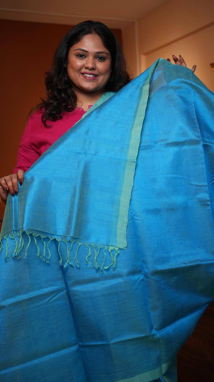 Mangalagiri Plain Silk Cotton Saree -15-09D-01-03 (BLUEBERRY)