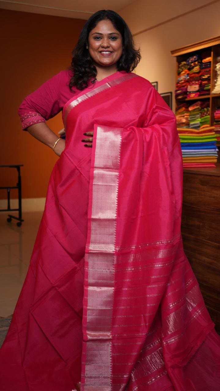 Mangalagiri Silver Nizam Border Saree -15-09D-05-10 (FRAMBOISE)