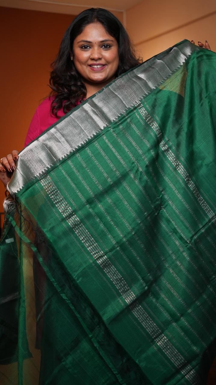 Mangalagiri Silver Nizam Border Saree -15-09D-05-03 (EMERALD HUSH)