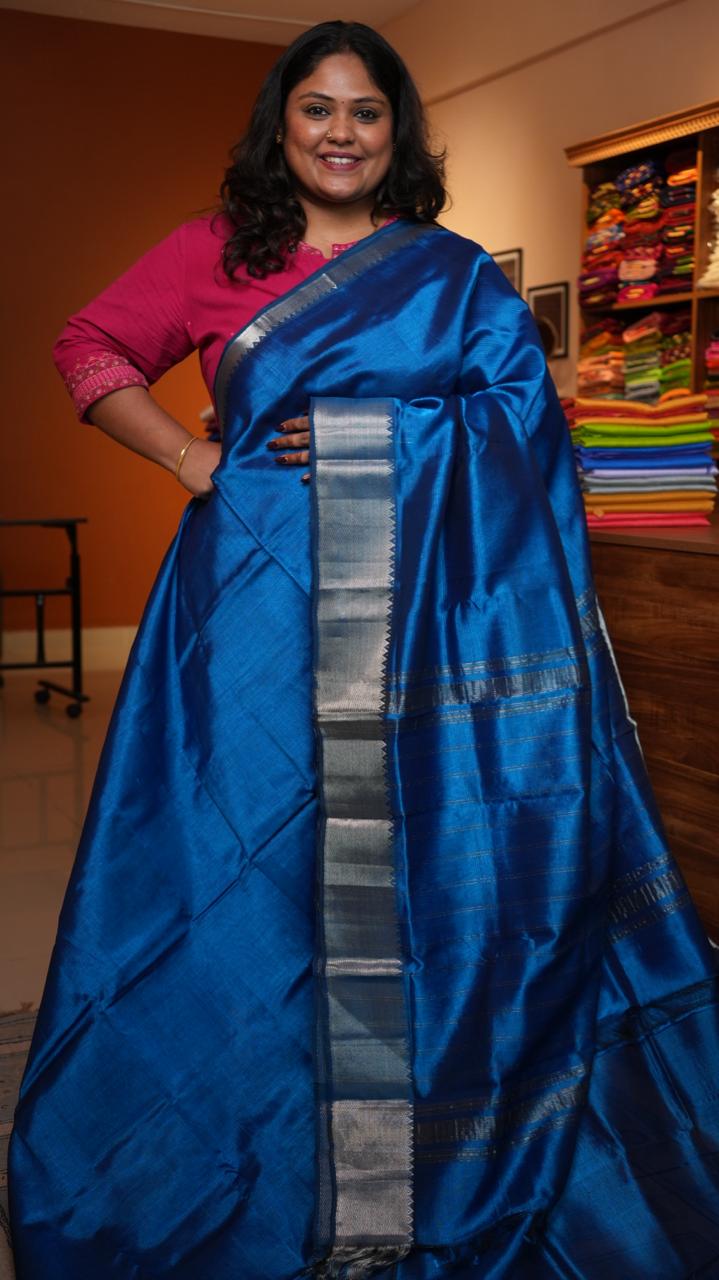 Mangalagiri Silver Nizam Border Saree -15-09D-05-01 (COBALT GLEAM)