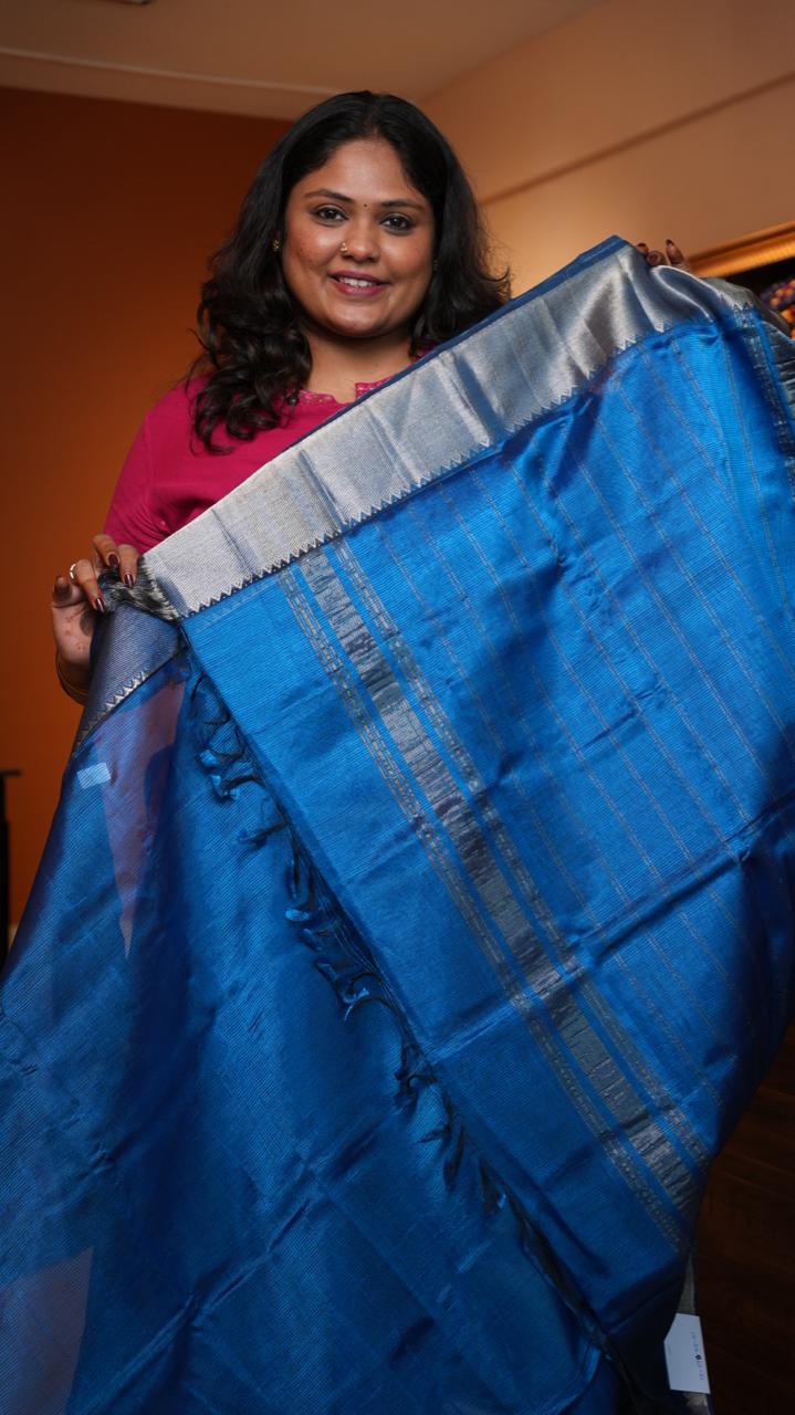 Mangalagiri Silver Nizam Border Saree -15-09D-05-01 (COBALT GLEAM)