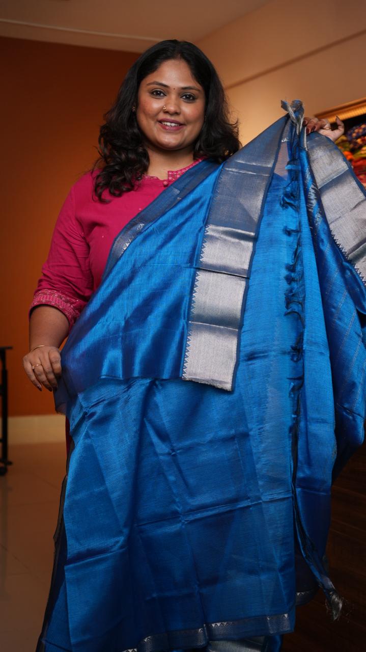 Mangalagiri Silver Nizam Border Saree -15-09D-05-01 (COBALT GLEAM)