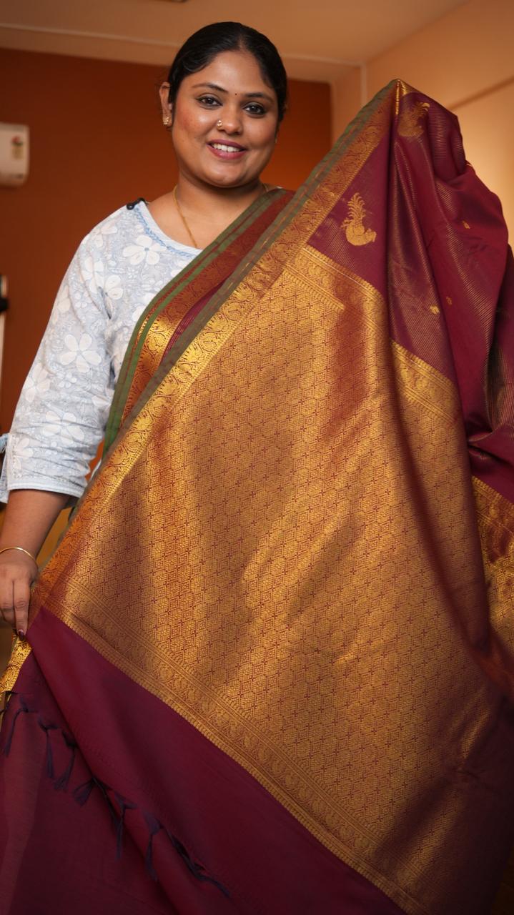 Semi Silk Vairaoosi Kili Bhutta Saree -01-10-24-04 (GARNETELLE)