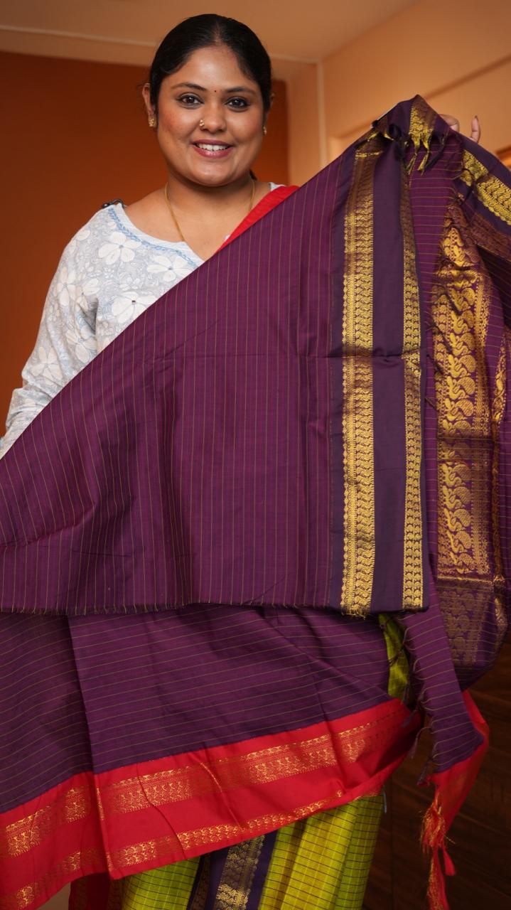 Semi Silk Kattam Ganga Jamuna Saree -01-10-28-08 (CHARTREUSE PLUM)
