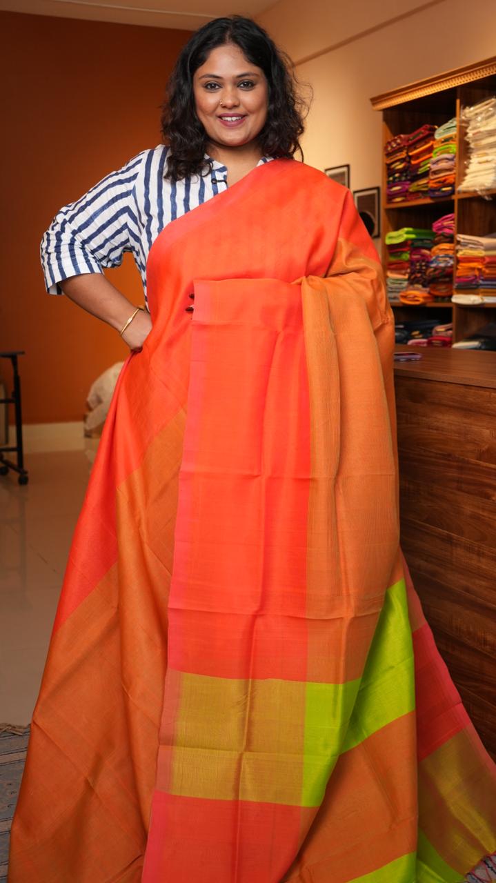 Mangalagiri Plain Dual Shade Saree -15-09D-03-02 (PAPAYA EMBER)