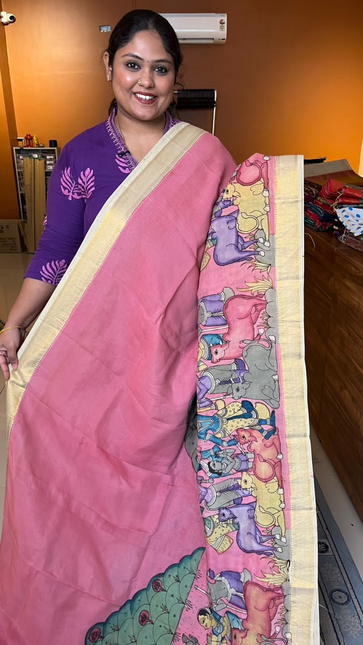 Pen Kalamkari Sarees -02-10-01-05 Govardhana Giri