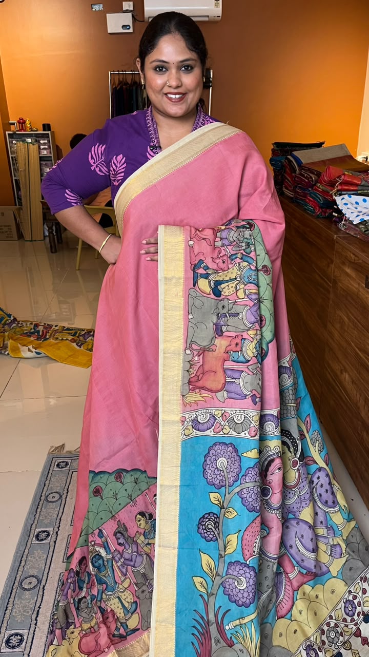 Pen Kalamkari Sarees -02-10-01-05 Govardhana Giri