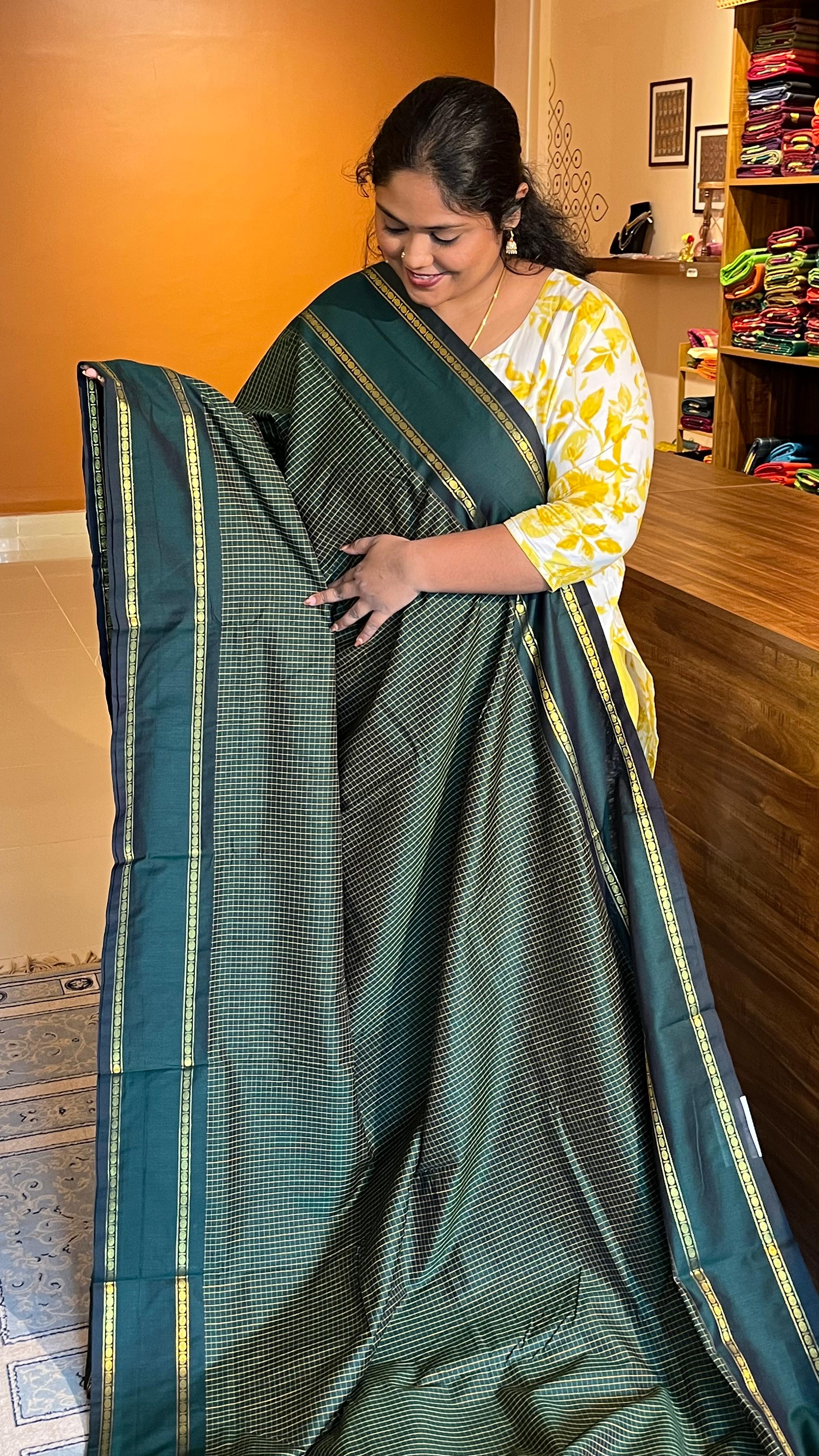 Semi silk 10 yards kattam saree - 01-07-16-02 (Dark Green)