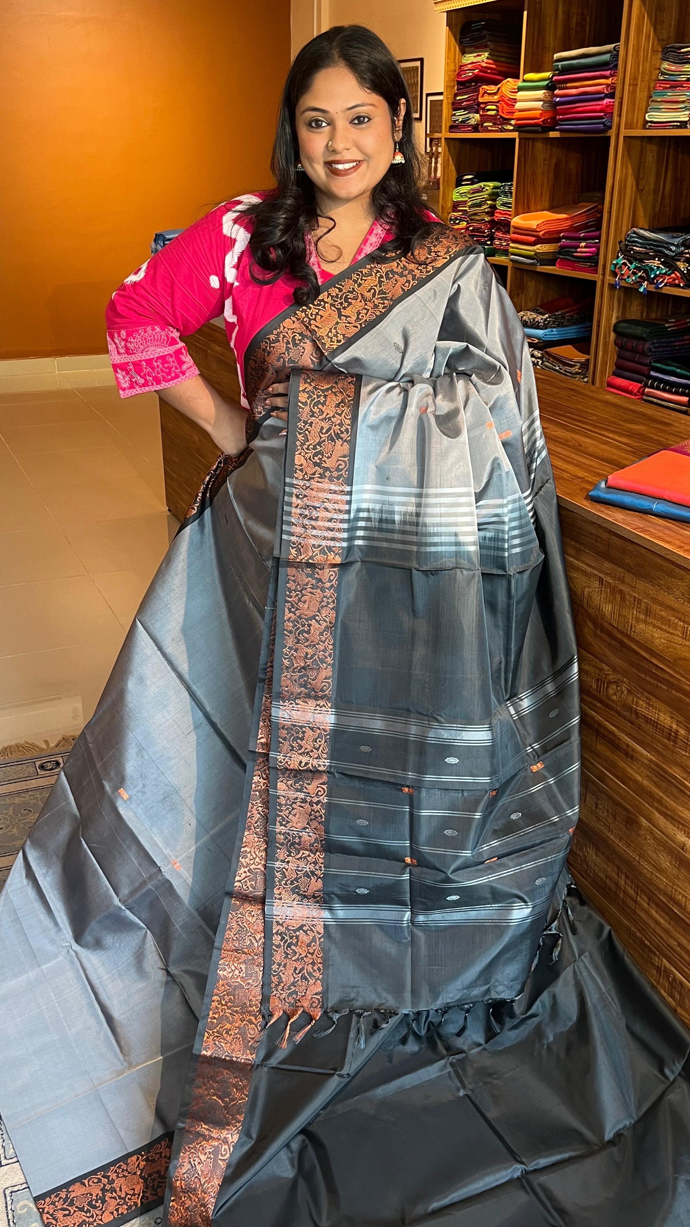 Chinnalampattu 6Yards Saree - 03-07-02-06 (Grey with Black)