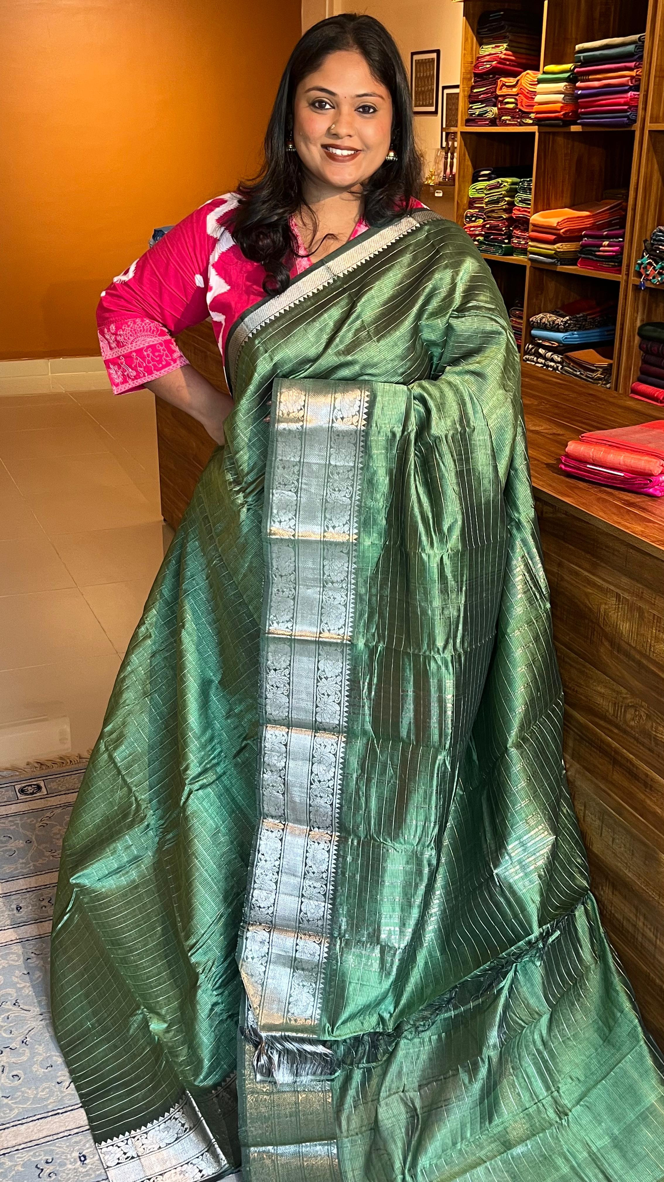 Mangalgiri  silk cotton Kattam Saree - 15-07-02-06 (Green)