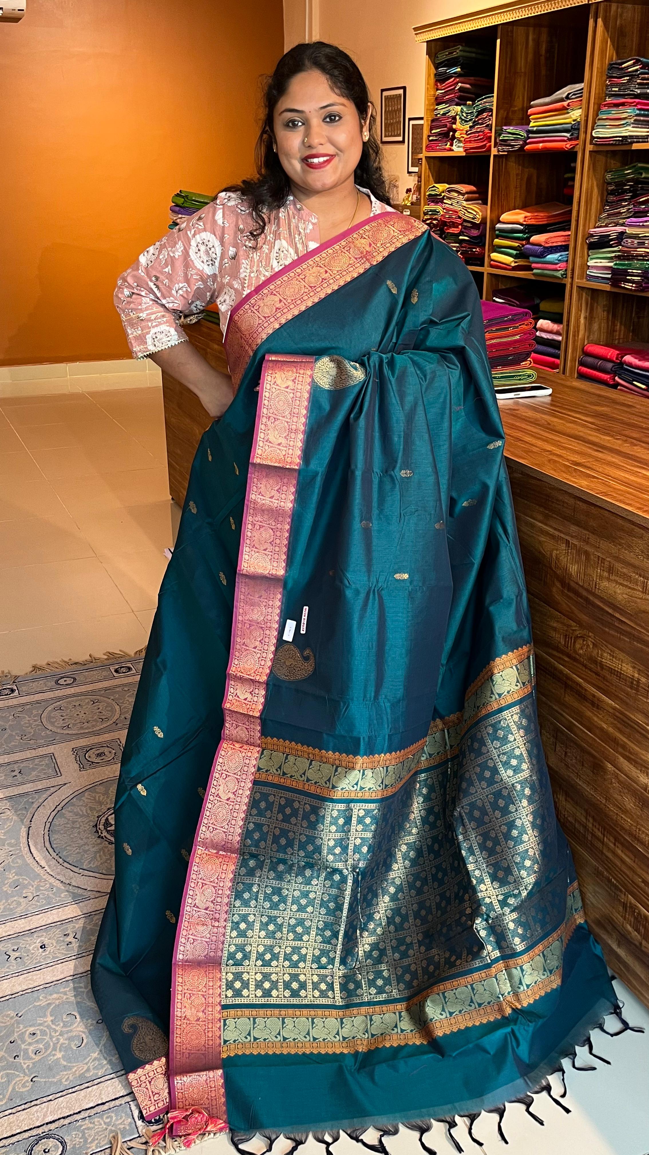 Mercerised Kanchi cotton saree - 01-07-04-07 (Peacock Green)