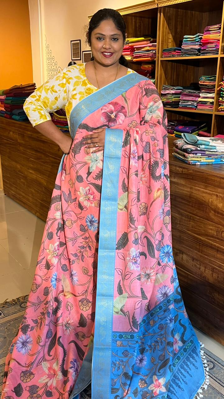 Cotton Linen Garden Saree - 15-11-03-05 (Peachy Blossom with Sky Blue)