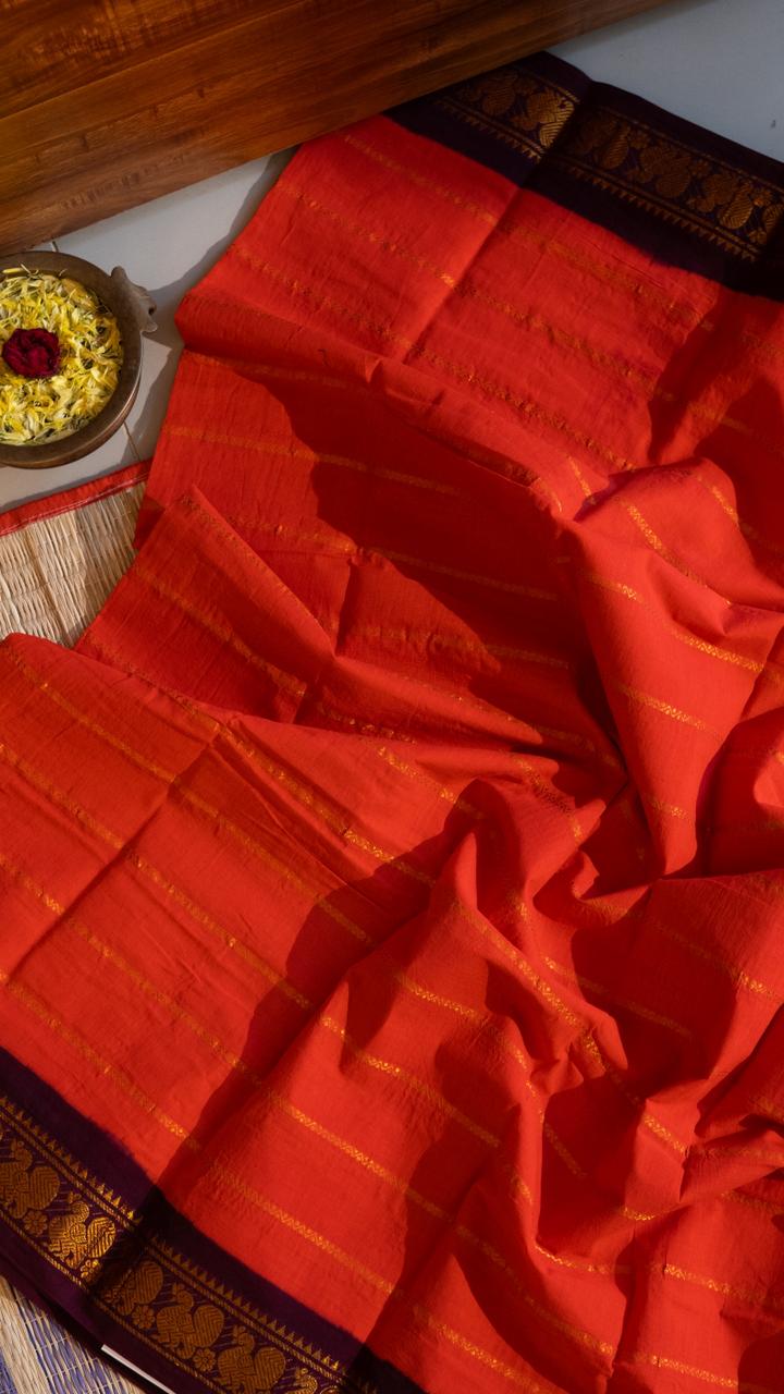 Madurai cotton veldhari saree - 11-12-01-6Y-08 (Orange with Maroon)