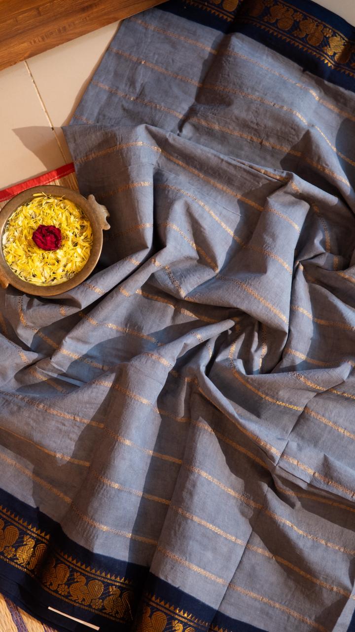 Madurai cotton veldhari saree - 11-12-01-6Y-03 (Elephant Grey with Navy Blue)