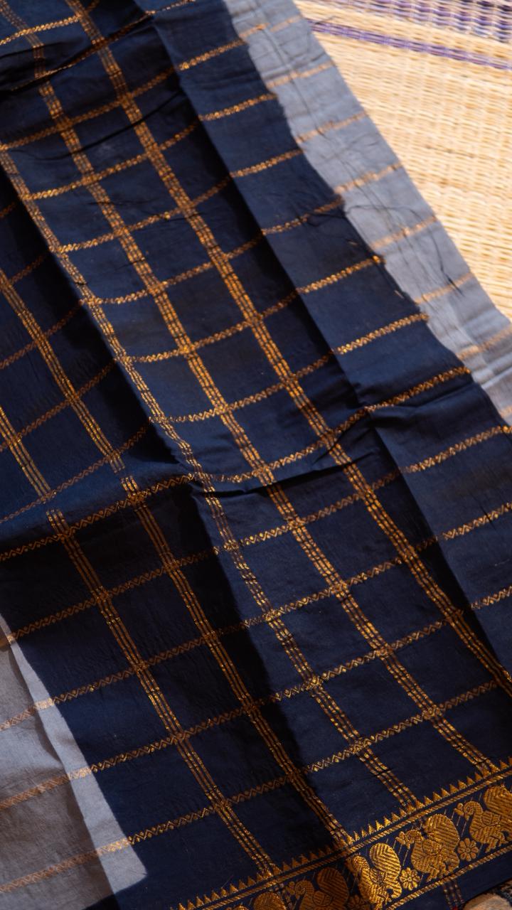 Madurai cotton veldhari saree - 11-12-01-6Y-03 (Elephant Grey with Navy Blue)