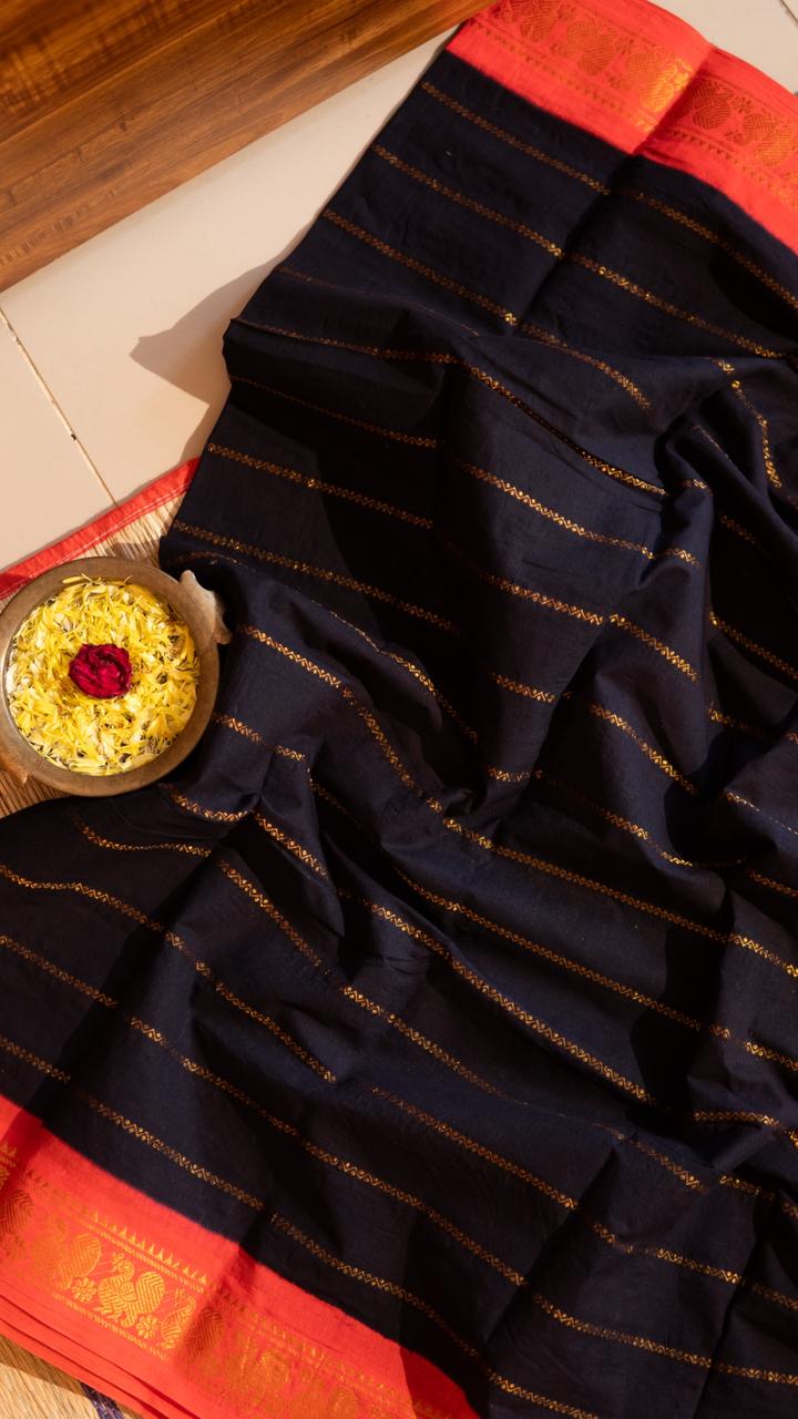 Madurai cotton veldhari saree - 11-12-01-6Y-11 (Black with Orange)