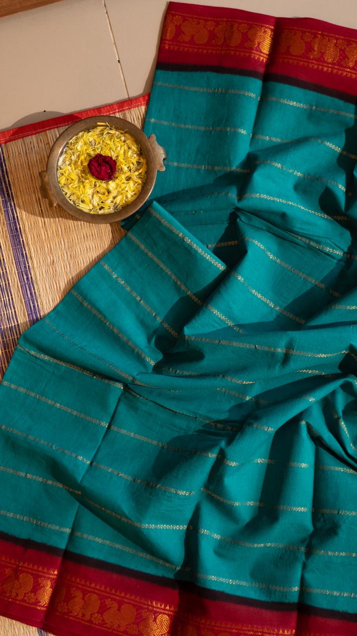 Madurai cotton veldhari saree - 11-12-01-6Y-05 (Teal Blue with Red)