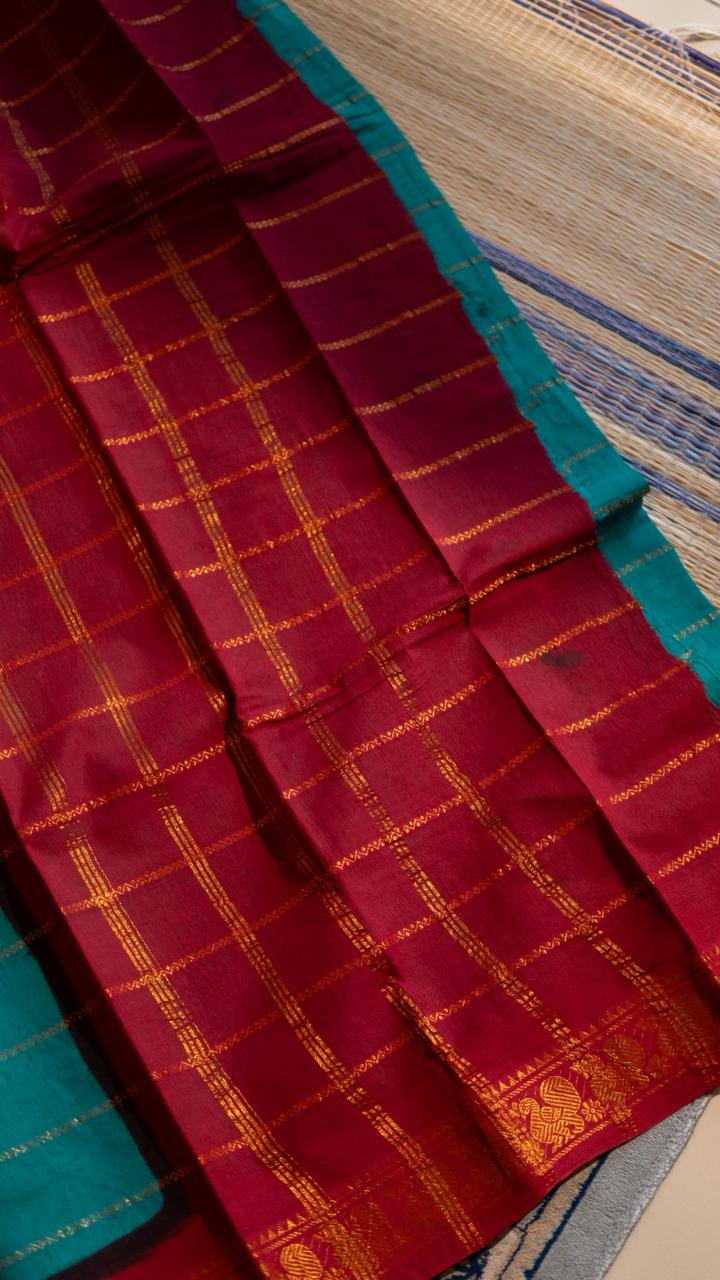 Madurai cotton veldhari saree - 11-12-01-6Y-05 (Teal Blue with Red)