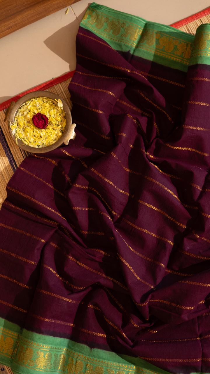 Madurai cotton veldhari saree - 11-12-01-6Y-06 (Dark Maroon with Green)