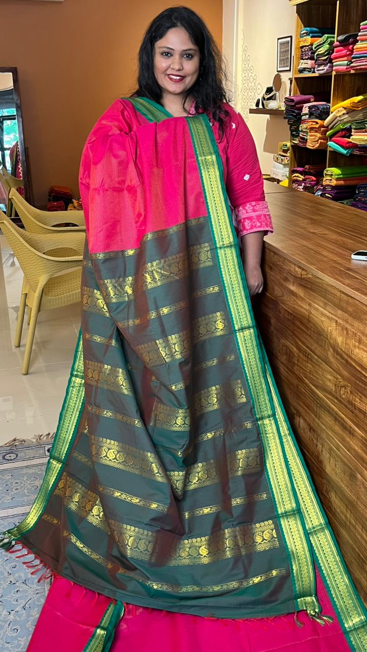 Semi-Silk Vairaoosi Madisar - 01-08B-15-08 (Rani Pink with Green)