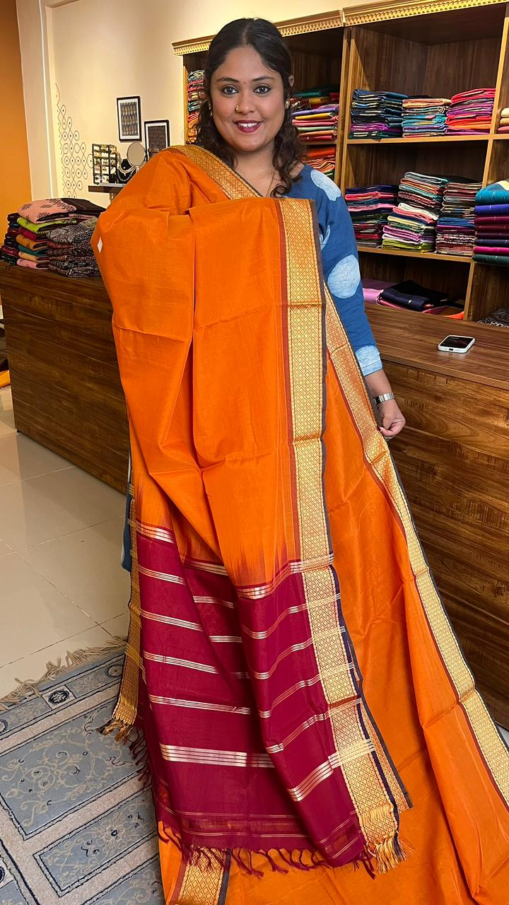 Devendra 10.5Yards Madisar Mayil Kan Border  - 12-12-11-10.5Y-05(Mustard Orange)