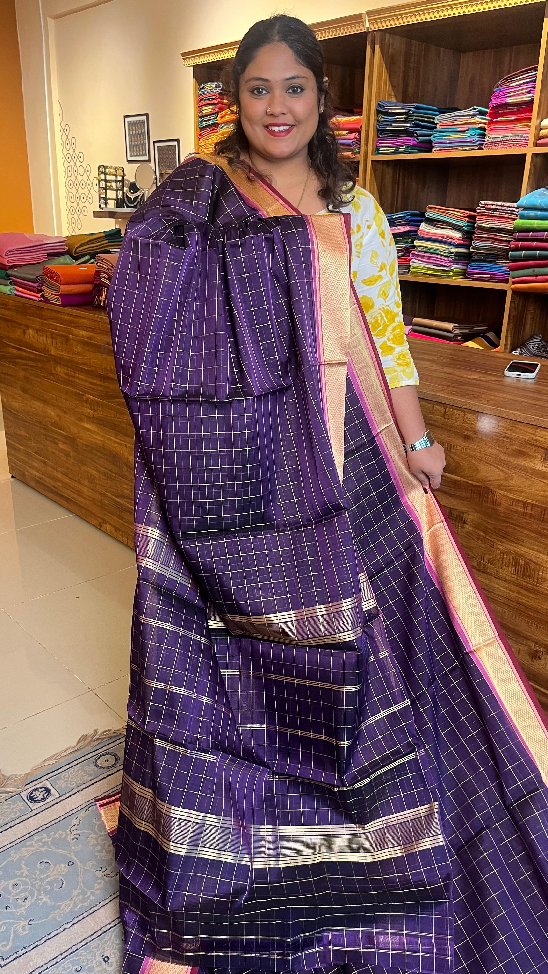 Devendra 9.5 Yards Madisar Checks Saree - 12-07D-14-9.5Y-01(Mulberry Crush)
