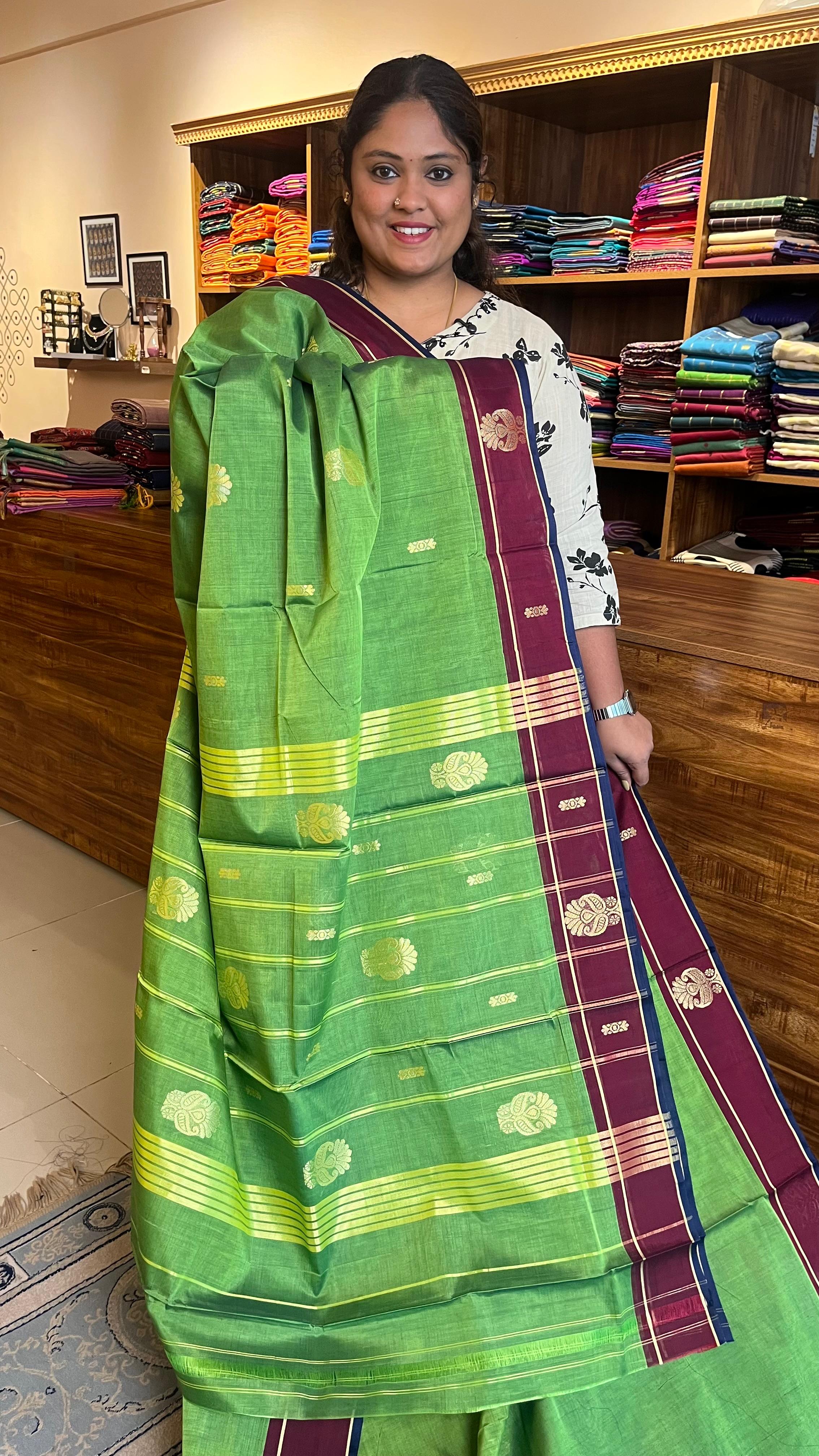 Devendra 10.5 Yards Madisar Big Butta Saree - 12-10-08-10.5Y-03( Banana Leaf Green)