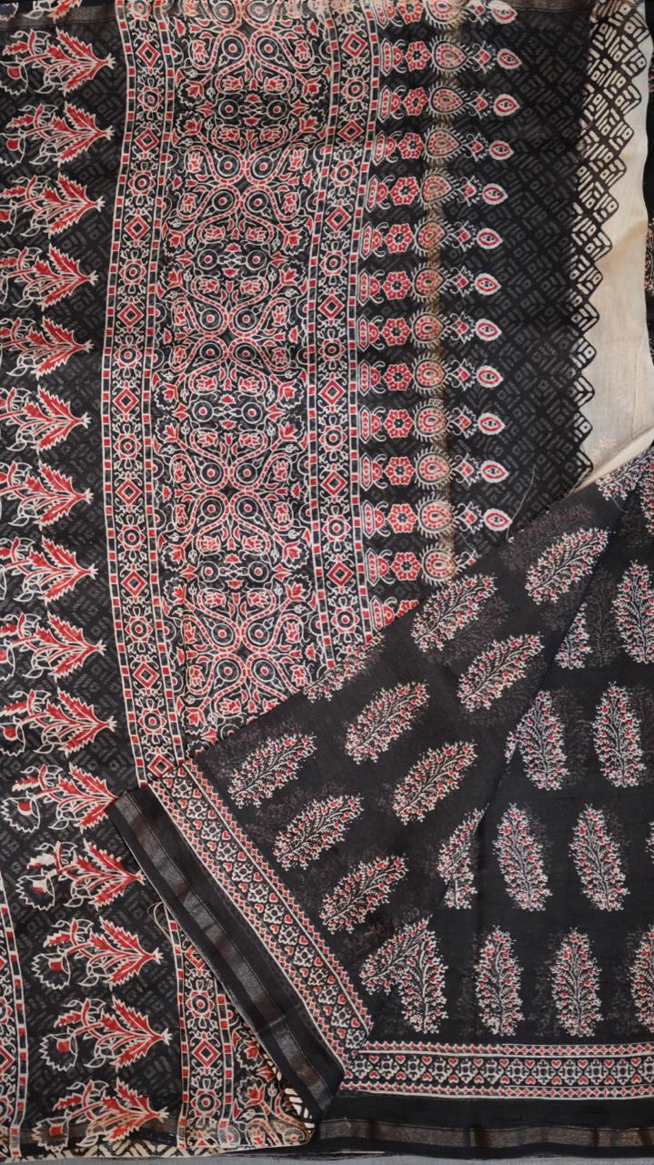 Chanderi hand block print saree - 51-02-01-15 (BOLD NOIR)