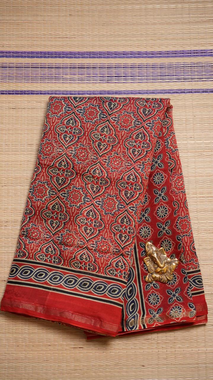 Chanderi hand block print saree - 51-02-01-18 (PASSIONATE RED)