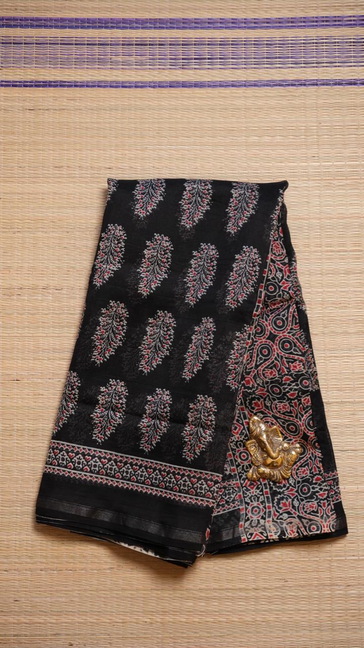Chanderi hand block print saree - 51-02-01-15 (BOLD NOIR)