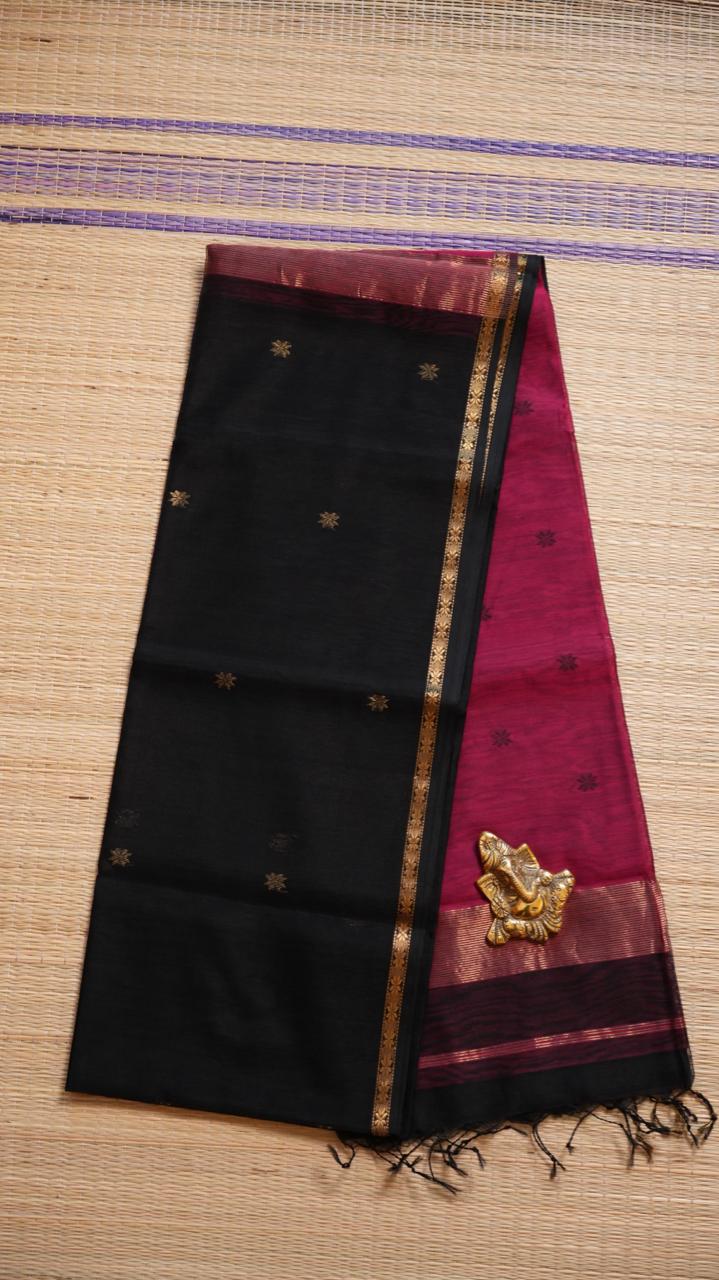 ***PREORDERS ONLY*** Maheshwari Silk Cotton Small Border Saree - 05-02B-06-07 (BLACK DAHLIA) | SHIPS IN 5-6 WEEKS | NO READY STOCK | WAIT TIME 5-6 WEEKS | PLEASE READ DESCRIPTION BEFORE PLACING ORDER