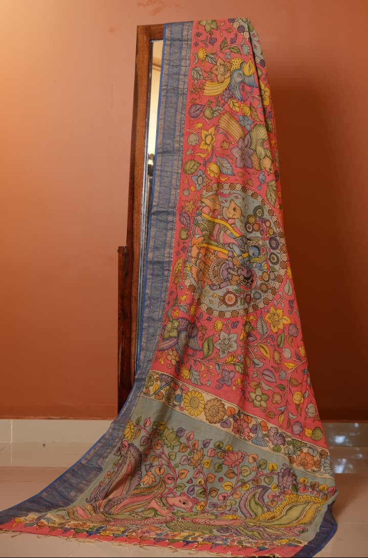 Pen Kalamkari Hand Painted Saree - 02-02-01-07 (CORAL SHORE)