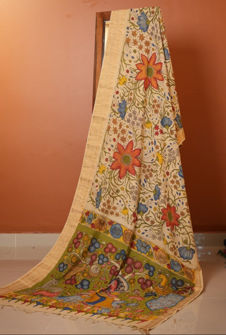 Pen Kalamkari Hand Painted Saree - 02-02-01-05 (SANDY BEIGE)