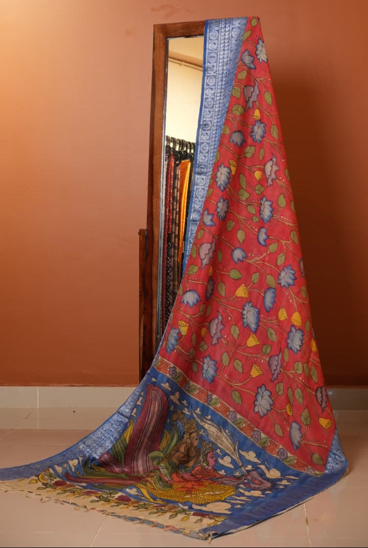 Pen Kalamkari Hand Painted Saree - 02-02-01-02 (SUNSET CLIFF)