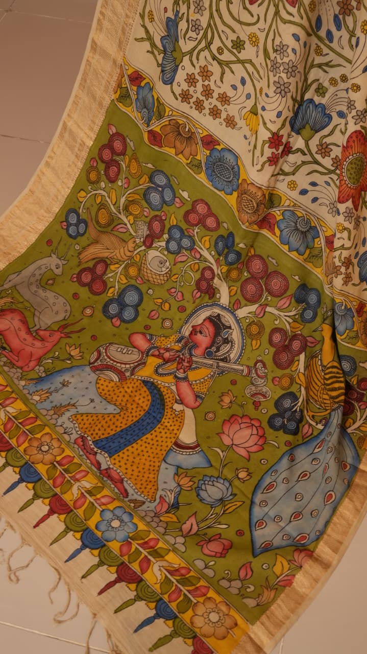 Pen Kalamkari Hand Painted Saree - 02-02-01-05 (SANDY BEIGE)