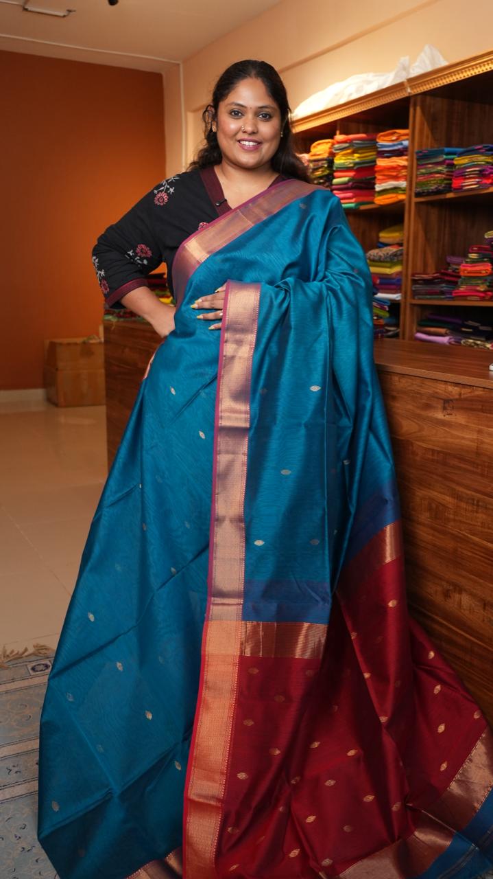Maheshwari Silk Cotton Saree - 05-02B-16-05 (INDIGO SPICE)