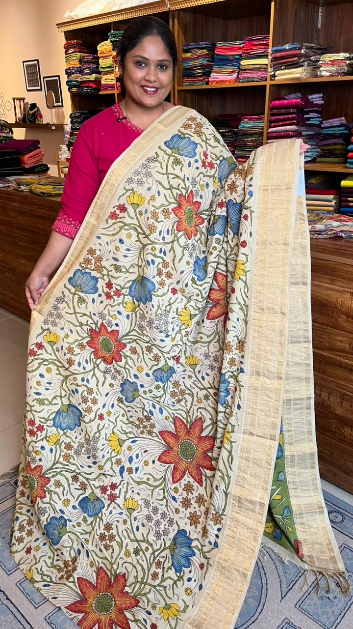 Pen Kalamkari Hand Painted Saree - 02-02-01-05 (SANDY BEIGE)