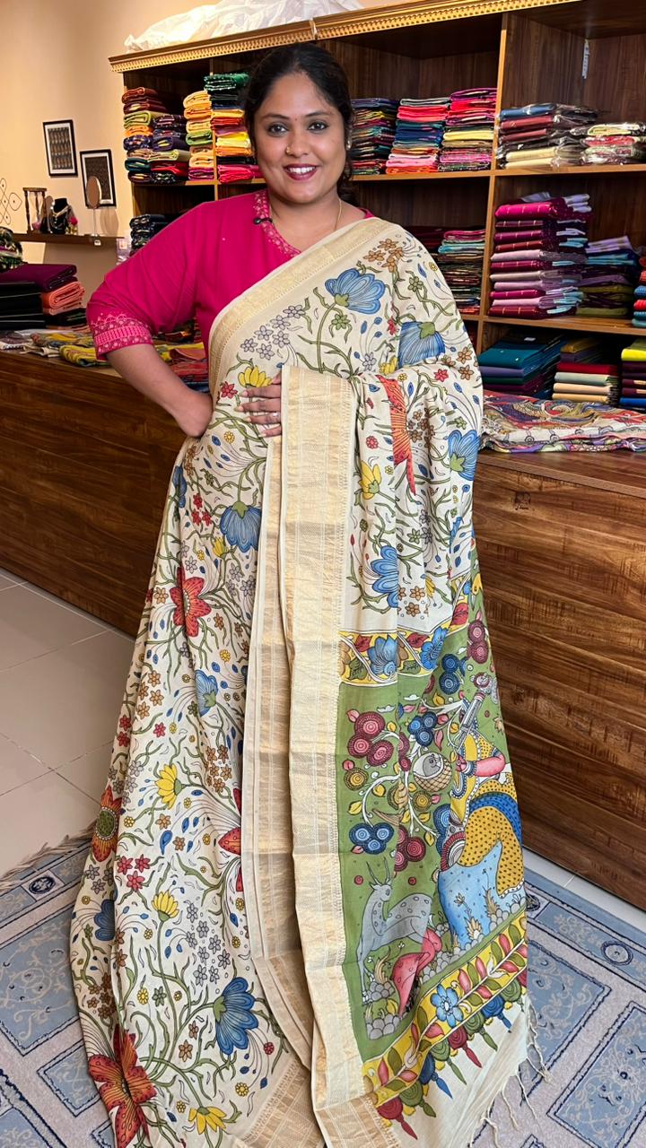 Pen Kalamkari Hand Painted Saree - 02-02-01-05 (SANDY BEIGE)