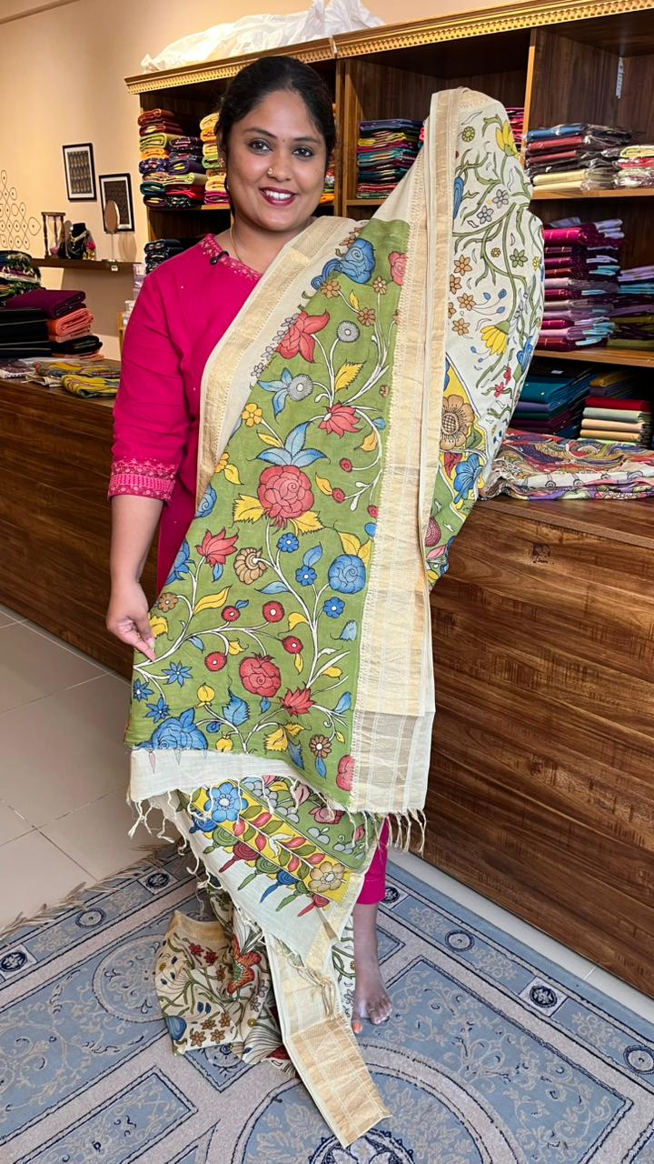 Pen Kalamkari Hand Painted Saree - 02-02-01-05 (SANDY BEIGE)