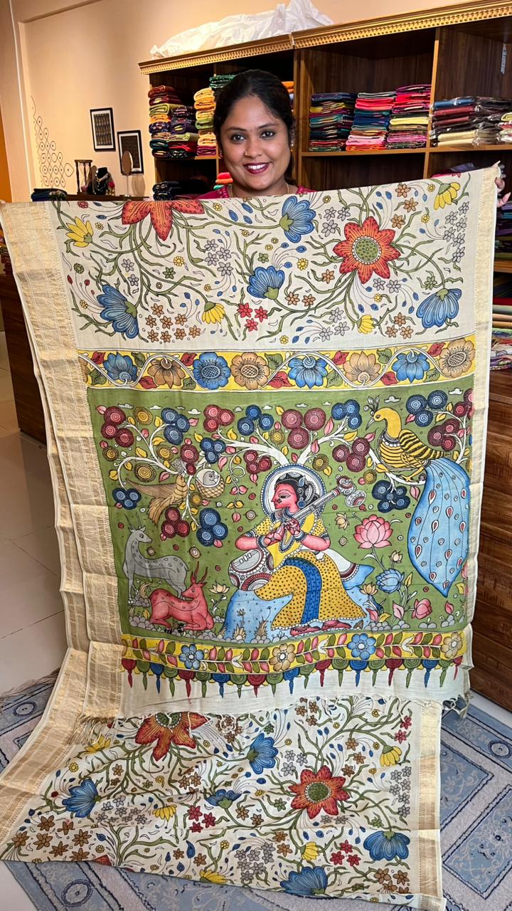 Pen Kalamkari Hand Painted Saree - 02-02-01-05 (SANDY BEIGE)