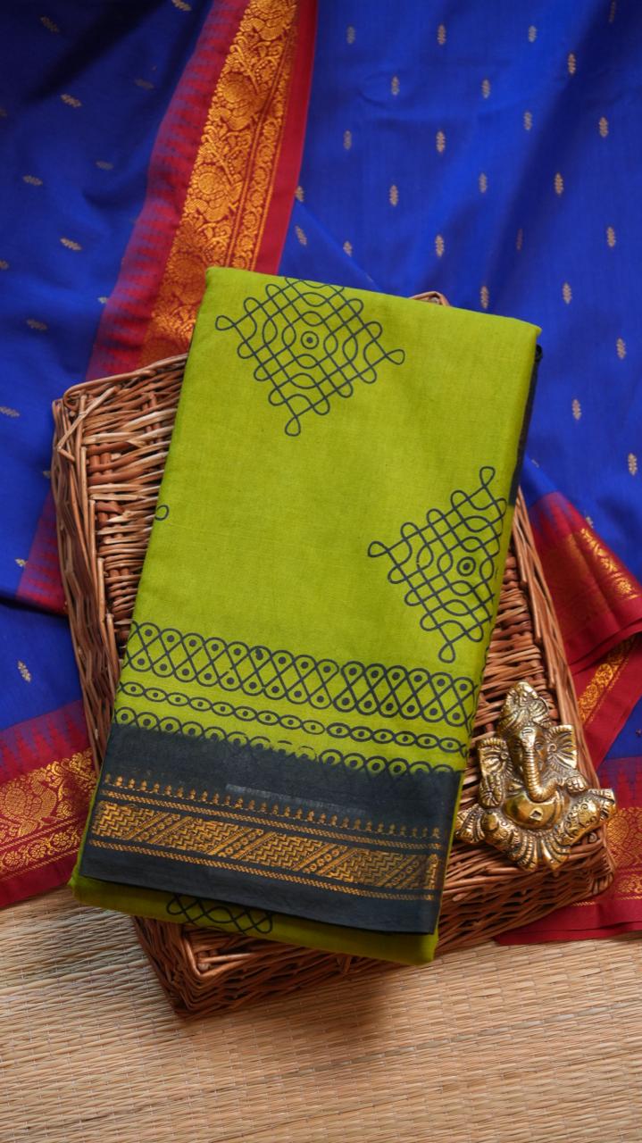 Kolam Small Border Madurai Cotton Saree -11-04B-01-7Y-04 (GREEN ORCHID)