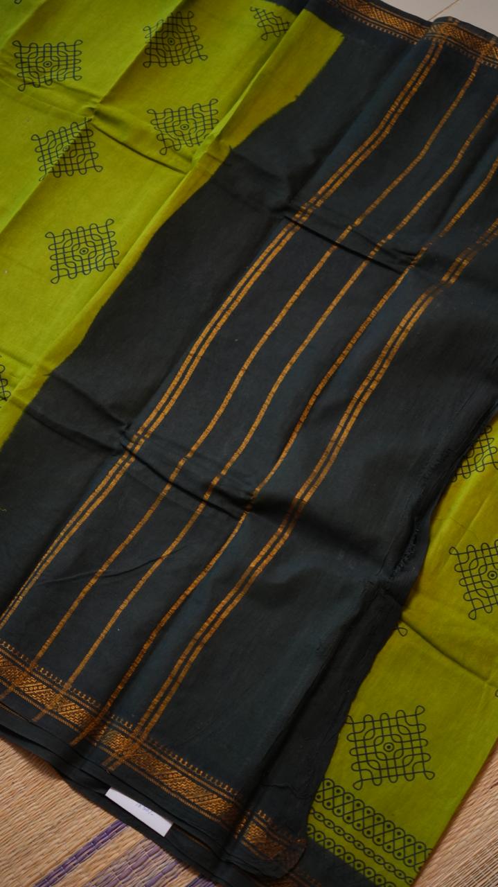 Kolam Small Border Madurai Cotton Saree -11-04B-01-7Y-04 (GREEN ORCHID)