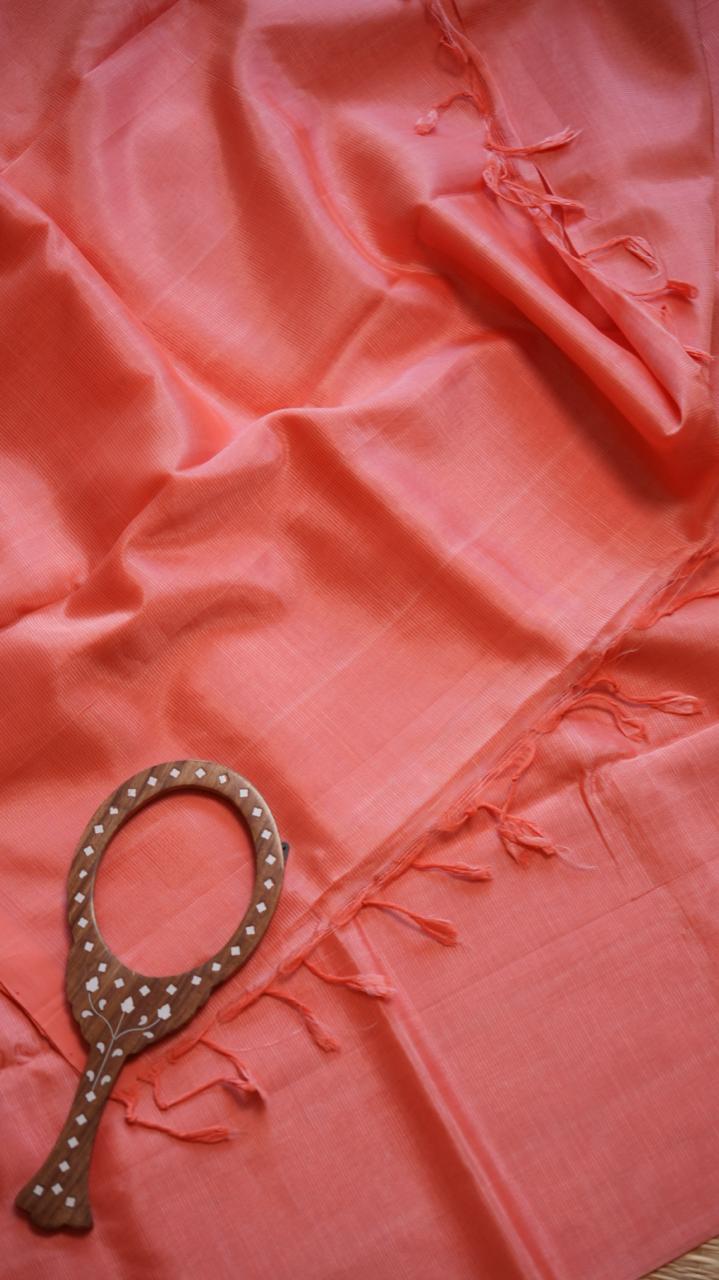 Mangalgiri Silk Cotton Plain Saree - 15-04-01-04 (Warm Coral)