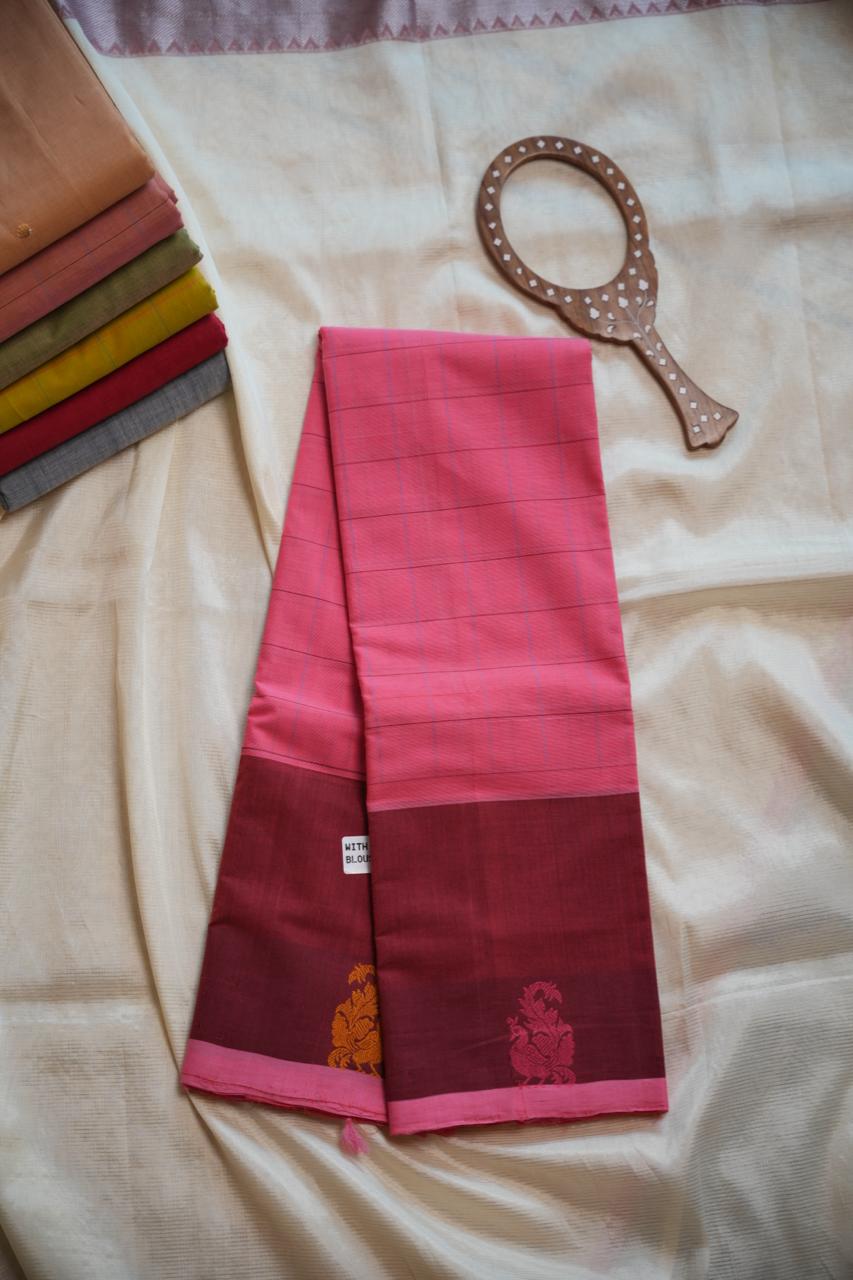Handwoven Kanchi Cotton Sarees - 01-03-07-08 ( ROSE MILK)