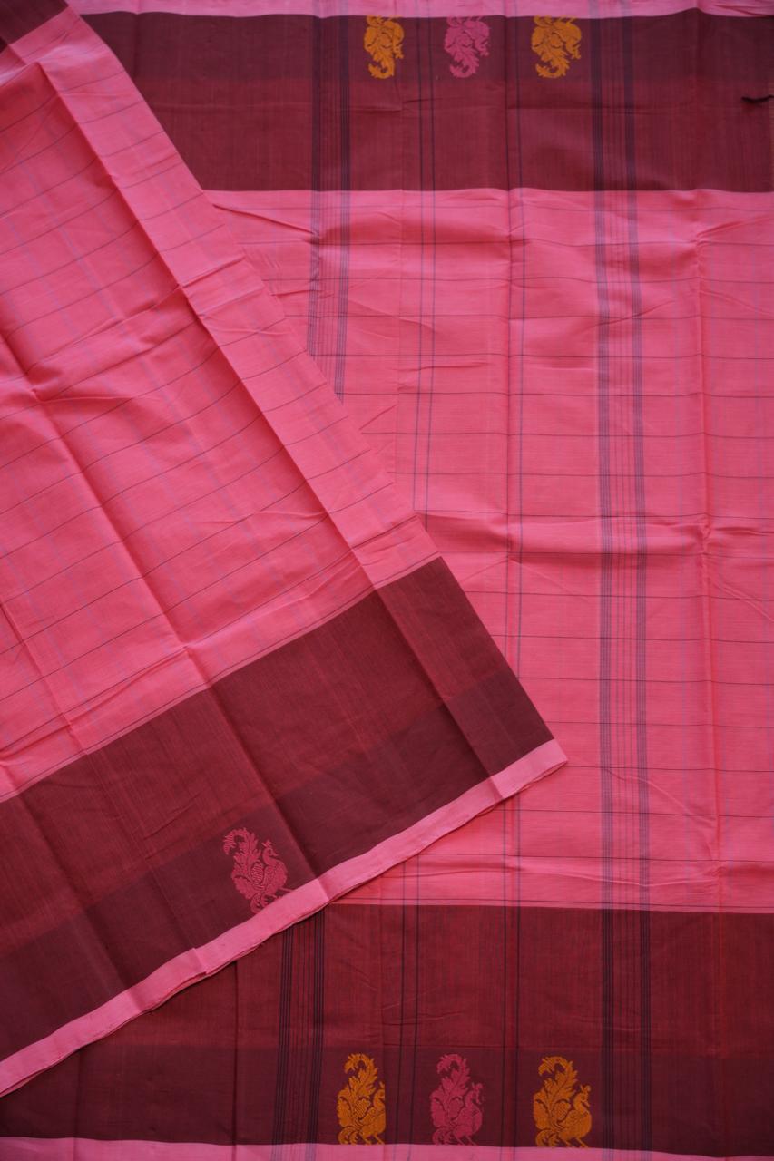 Handwoven Kanchi Cotton Sarees - 01-03-07-08 ( ROSE MILK)
