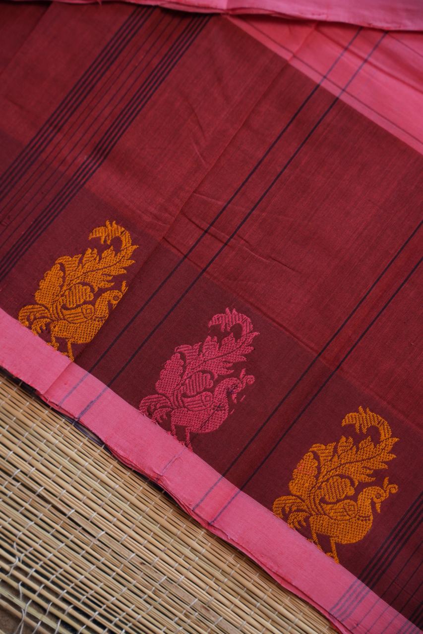 Handwoven Kanchi Cotton Sarees - 01-03-07-08 ( ROSE MILK)