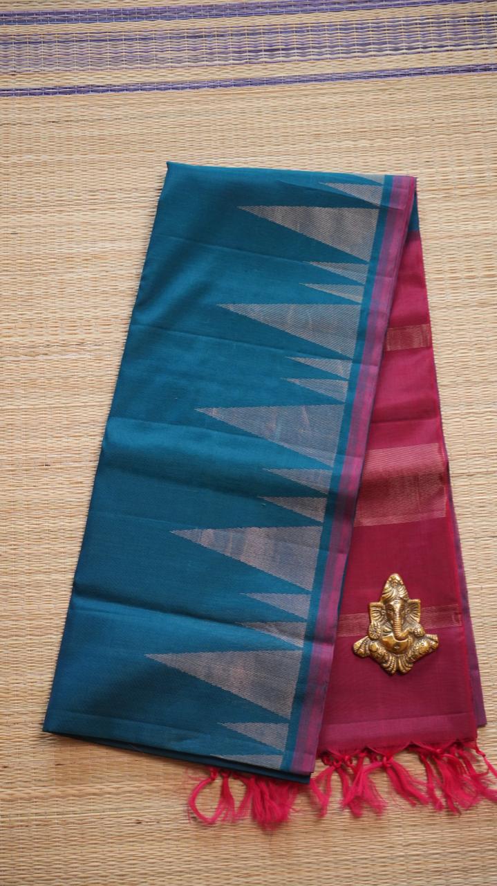 Kora Silk Cotton Saree - 04-04-01-01 (FLOWING TEAL)