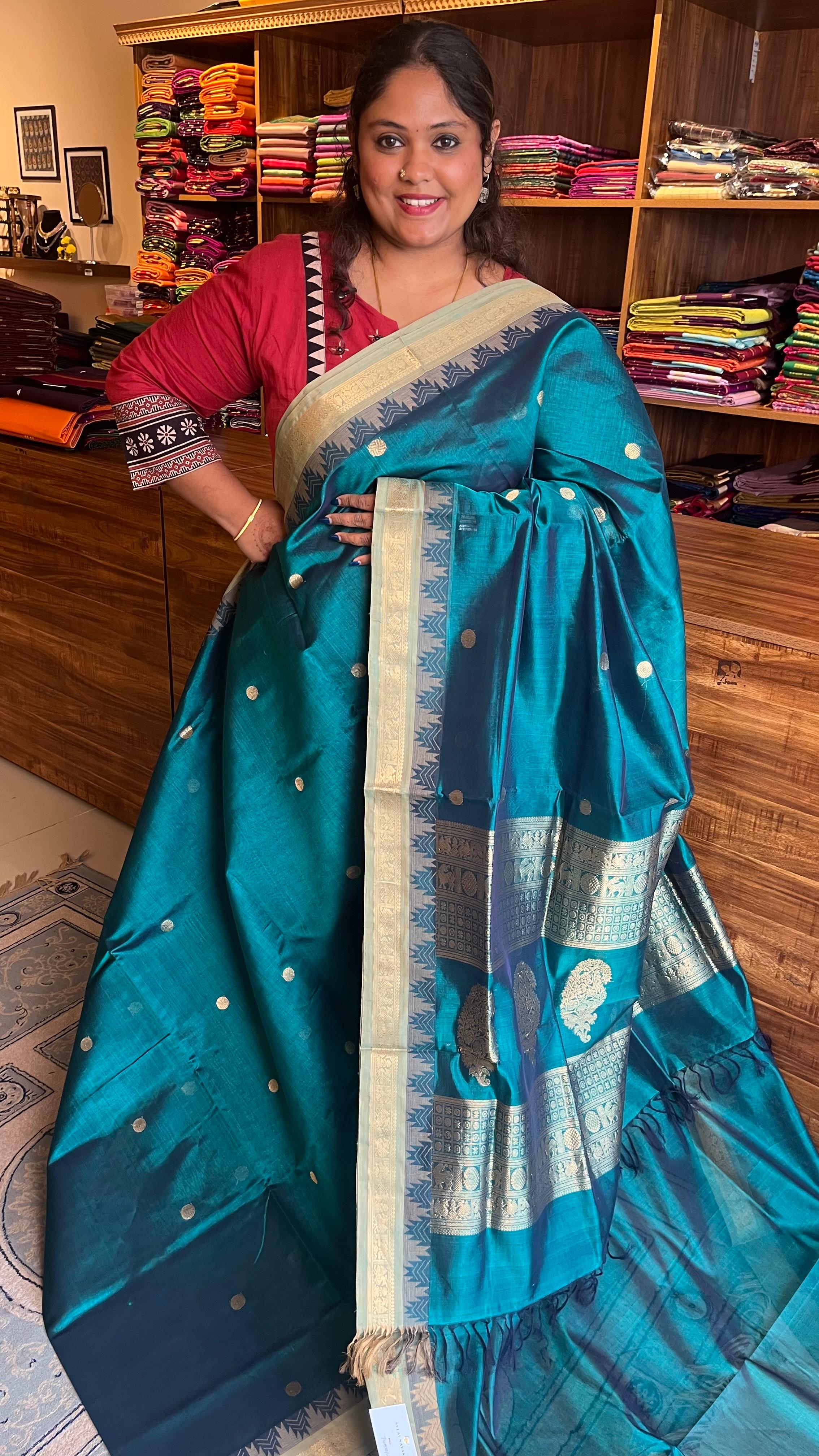 Kanchivaram Silk Cotton Coin Bhutta Saree - 01-01-07-04 (Jewelled Teal)